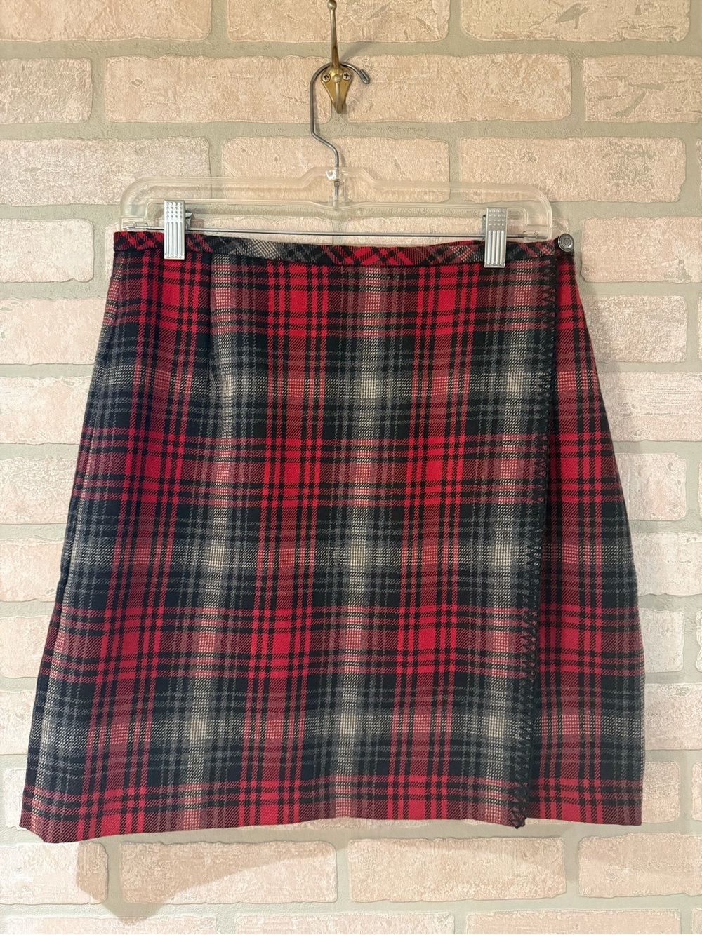 VTG Eddie Bauer Plaid Wool Wrap Mini Skirt Red Gray Academia Schoolgirl Grunge